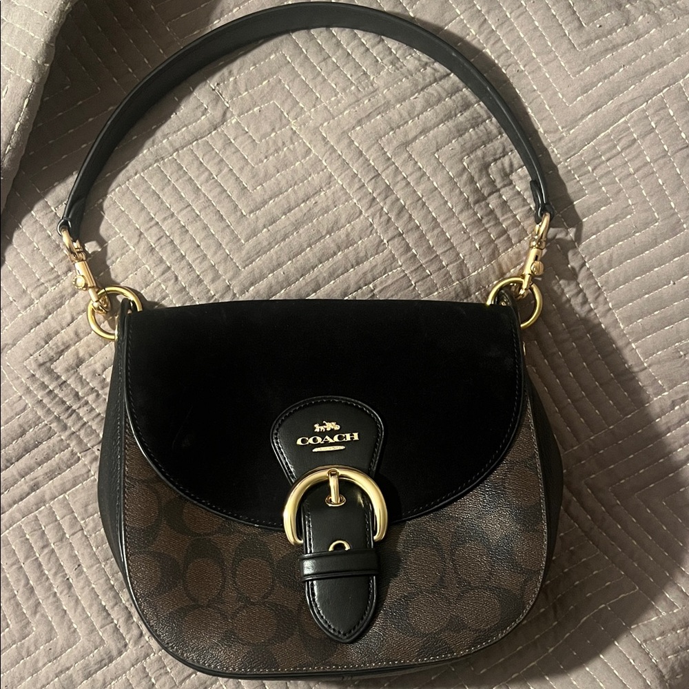 Coach Black and Brown Shoulder Bag with Gold Accents